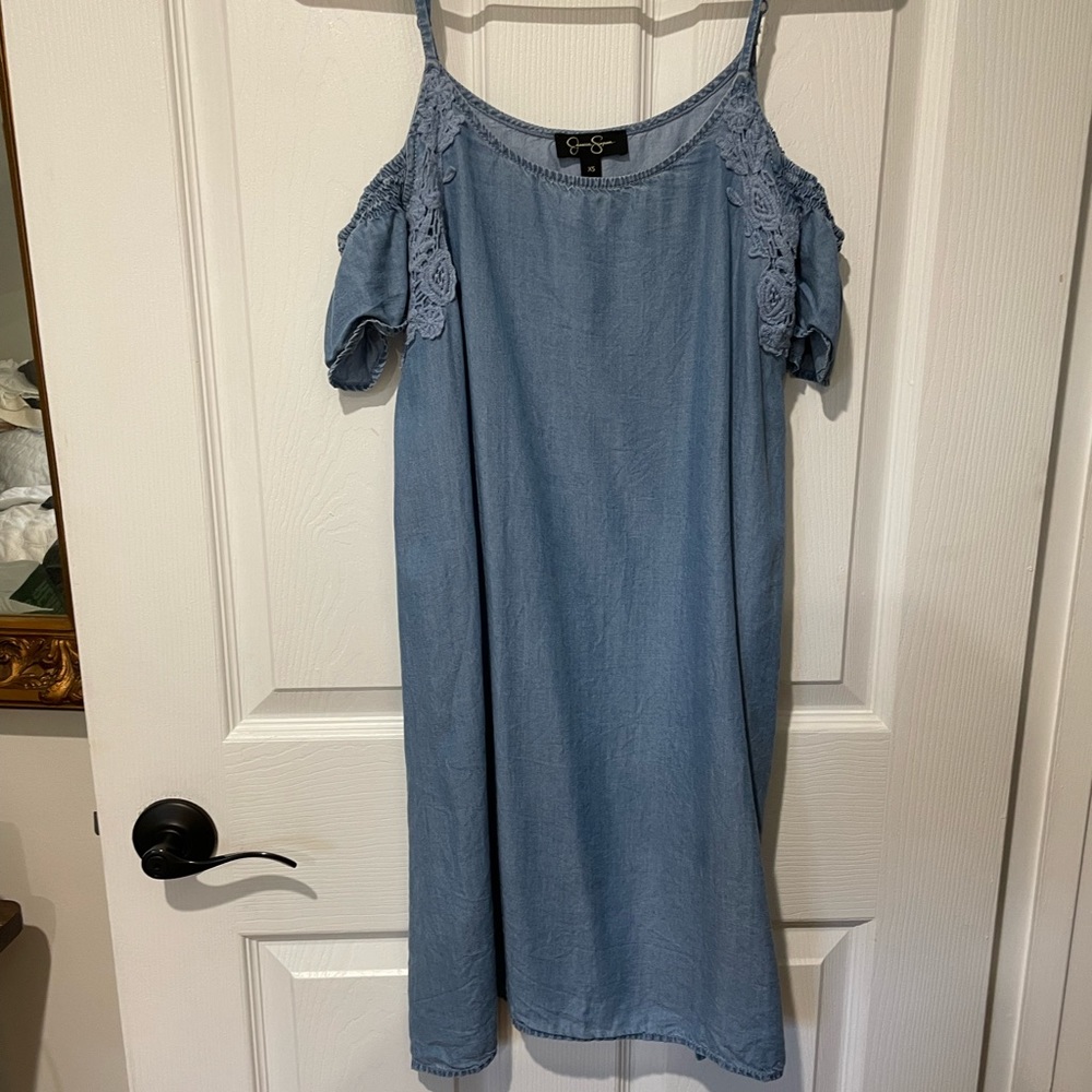 Off the shoulder, denim look mini dress, WORN ONCE, EXCELLENT CONDITION.